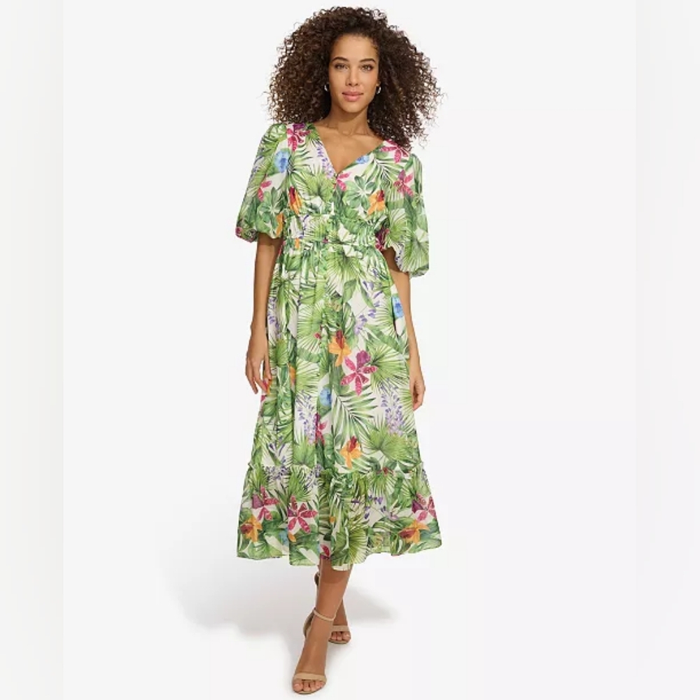 Kenzie Floral tropical-Print Balloon-Sleeve Maxi Dress